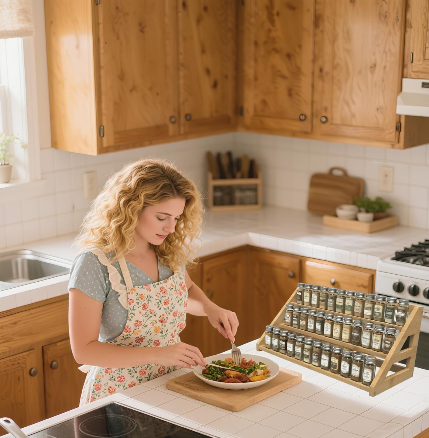 Bamboo Spice Rack: Large Spice Shelf for Kitchen Countertop Pantry Cabinet Organizer, Holds 24 Spice Jars (1.8")