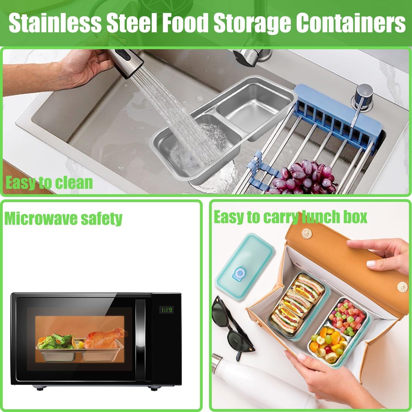 Stainless Steel Snack Containers with Lids - condiment containers with lids, reusable double compartment snack containers, Grab and Go Snack Containers Dishwasher Safe for School, Work, travel