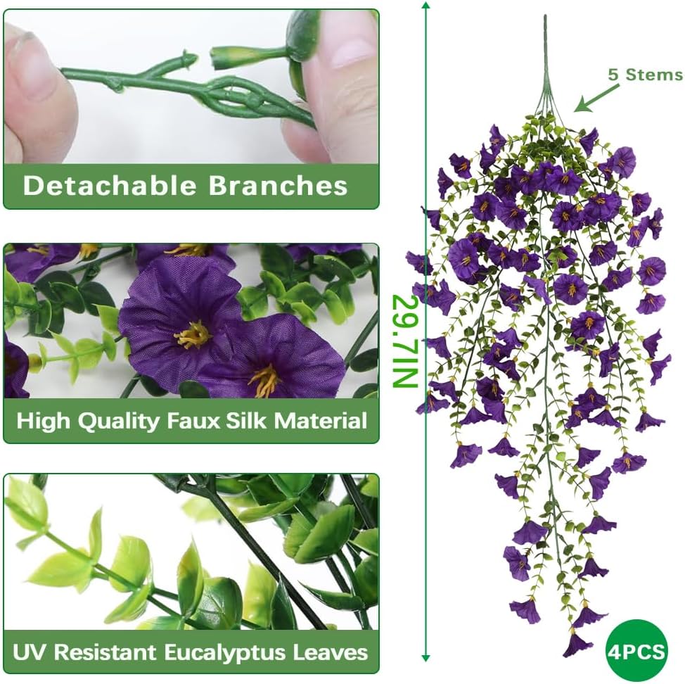 Jasion 4 Bundles Artificial Hanging Flowers Outdoor Realistic Morning Glory Silk Fake Plants UV Resistant for Porch Balcony Fence Decor (Purple)