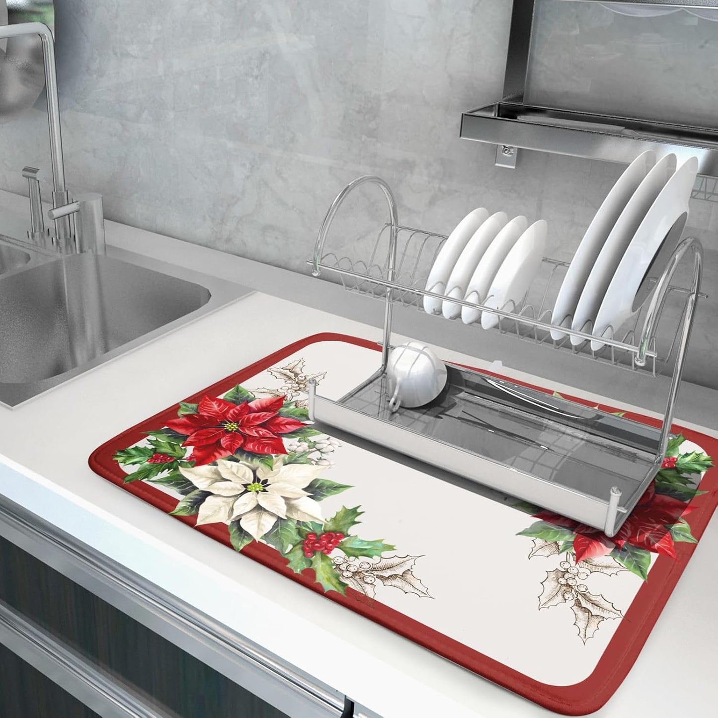 Christmas Dish Drying Mats for Kitchen Counter 18×24 Inch Red White Poinsettia Christmas Flower Large Microfiber Drying Mat Kitchen Accessories Dish Rack Mat Drainer Pad Washable Absorbent