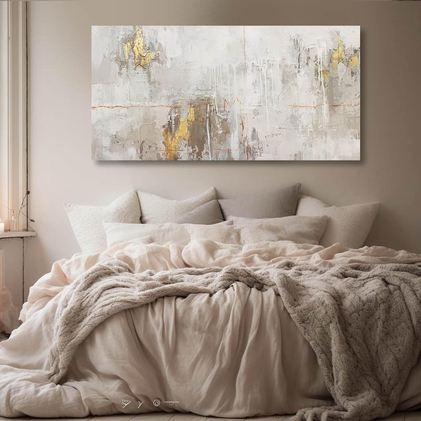VAYIMDH White Abstract Artwork Home Decor Textured Wall Art for Office Master Bedroom Wall Decor Gold Painting for Walls 24x48 Inch Living Room Picture
