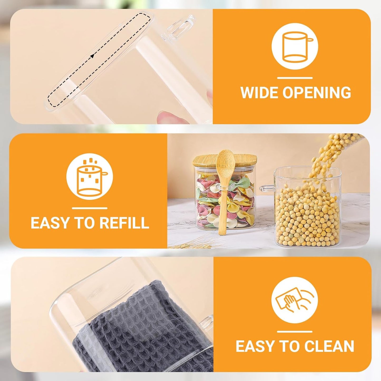 Glass Jars with Bamboo Lids - 4 Pack 24 Fl.oz Square Glass Mason Jars with Airtight Lid and Spoon, Clear Kitchen Pantry Container Stackable Food Canister for Coffee, Sugar, Tea, Candy, Cookie