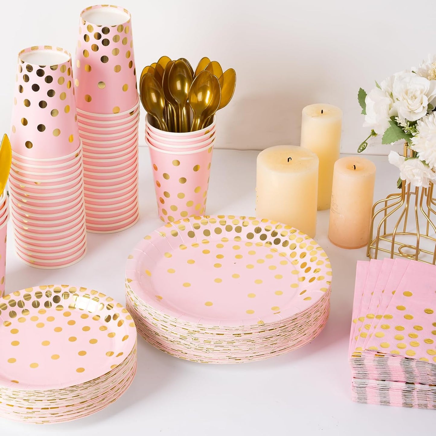 DECORLIFE 336PCS Pink and Gold Disposable Dinnerware Set Serves 48, Pink Paper Plates Napkins Cups, Gold Plastic Forks Spoons Knives for Wedding Baby Shower Princess Birthday Party Supplies