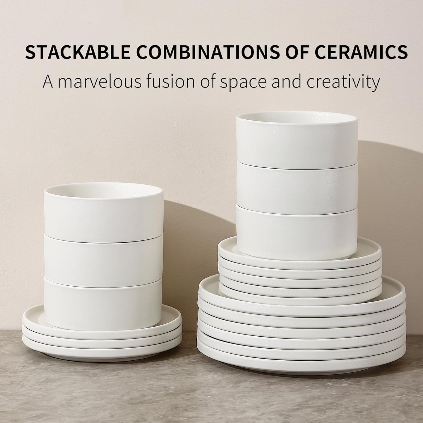 GZG Classic Series - Plates and Bowls Set for 6, 18 Piece Stoneware Dinnerware Sets, Microwave and Dishwasher Safe Lead-Free Handcrafted Ceramic Dishes Set - Ivory White