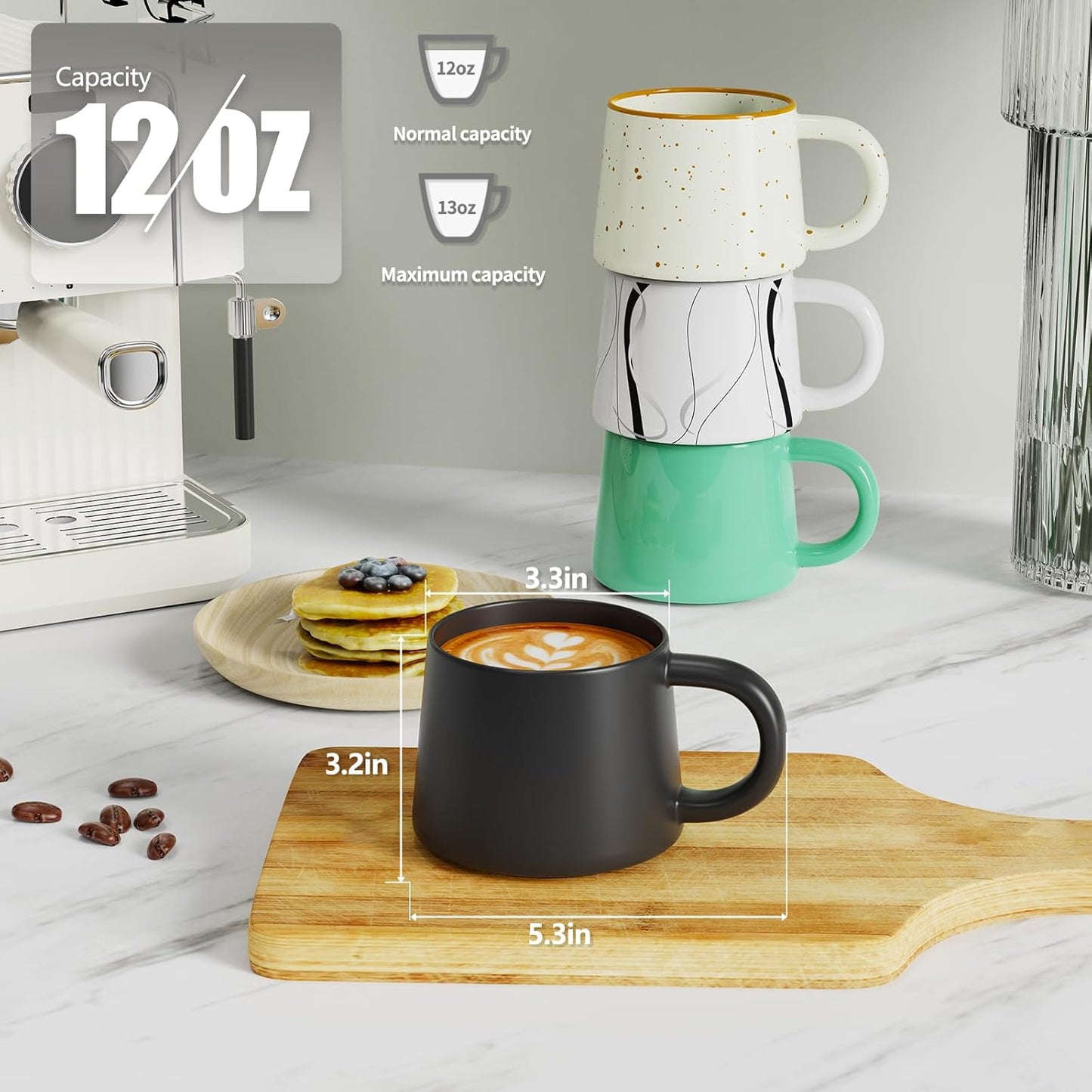 12 oz Coffee Mugs Set of 4, Modern Stackable Coffee Cups Set for Latte, Hot Tea, Cappuccino, Ceramic Coffee Mug Tea Cup, Dishwasher & Microwave Safe, Housewarming Wedding Present (Mixed Color)