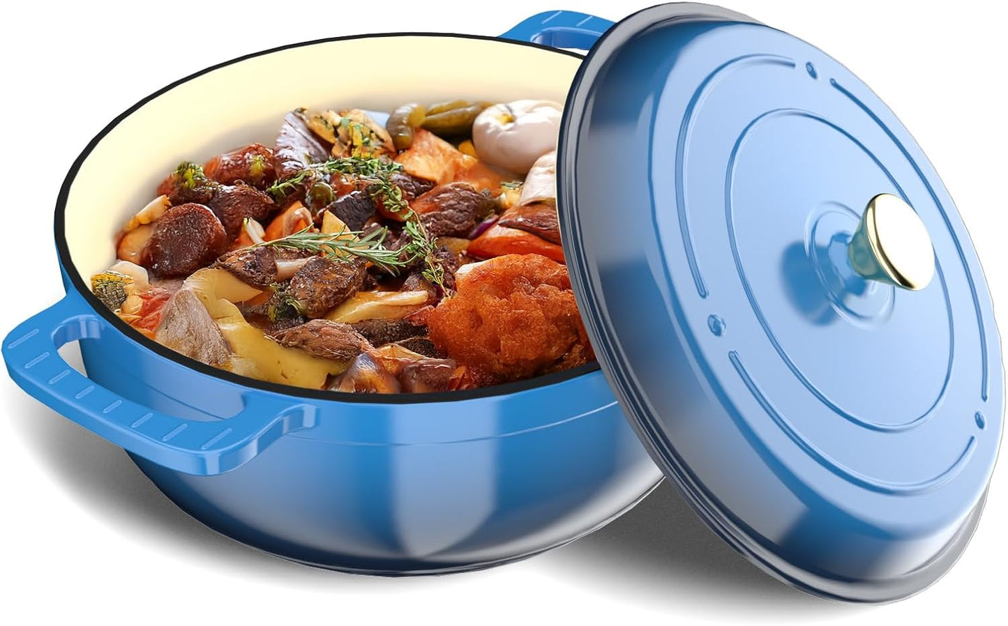 BONNLO 7.5QT Round Dutch Oven, Enameled Cast Iron Dutch Oven Pot with Lid & Dual Handles, Oven Safe Up to 500° F, for Sourdough, Bread Baking, Stews and Roasting (Blue)