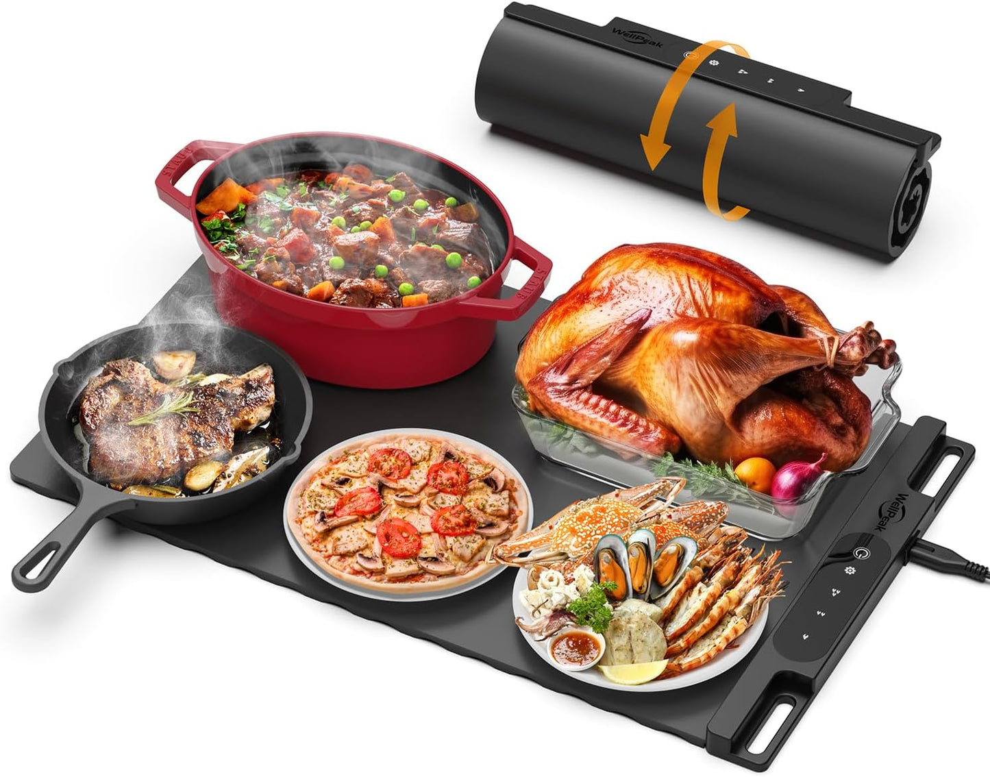 Electric Warming Mat for Food - Full Surface Fast Heating Silicone Tray with 3-Level Temperature, Auto-Off, Raised Feet for Table Protection, Versatile Warmer for Gatherings, Parties, Buffets, Black