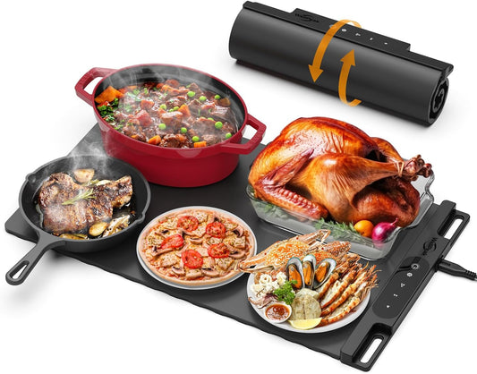 Electric Warming Mat for Food - Full Surface Fast Heating Silicone Tray with 3-Level Temperature, Auto-Off, Raised Feet for Table Protection, Versatile Warmer for Gatherings, Parties, Buffets, Black