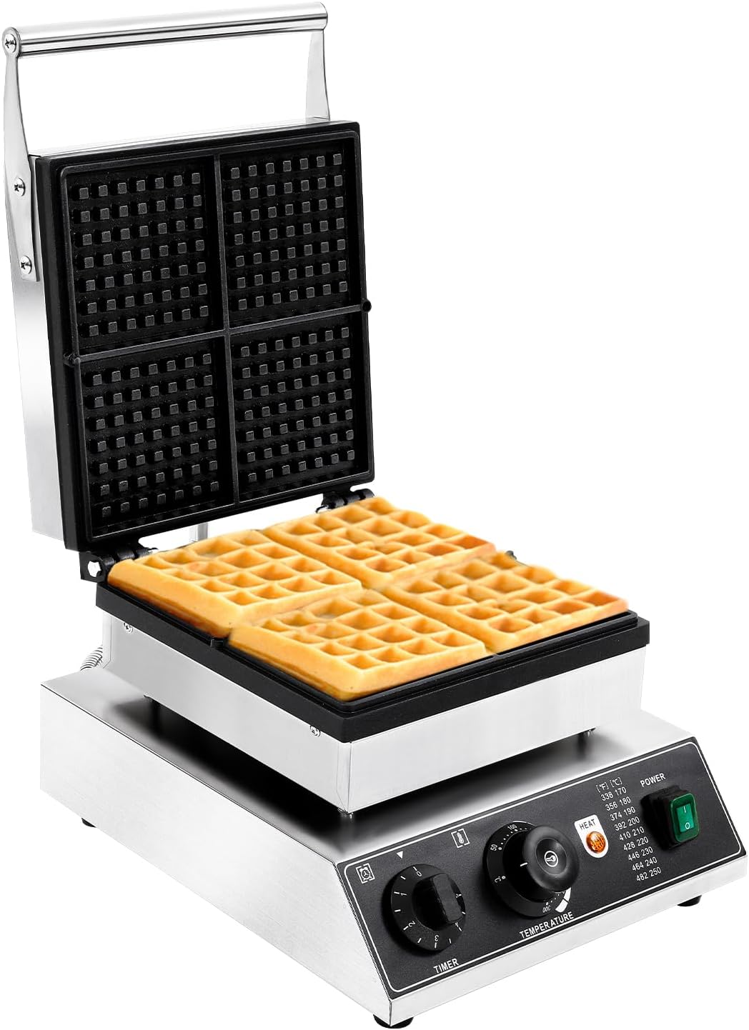 1750W Commercial Waffle Maker, 4 Grids Electric Square Waffle Maker Non-Stick Stainless Steel Belgian Waffle Iron w/Time & Temper Adjustable| Temper Comparison Table, Large Waffle Machine Restaurant