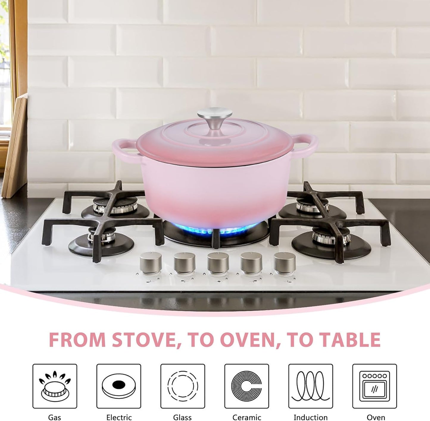 E-far 3 Qt Enameled Cast Iron Dutch Oven with Lid, Small Round Nonstick Dutch Oven Pot for Bread Baking Braising Stews Roasting Cooking, Heavy Duty, Induction & Oven Safe - Pink