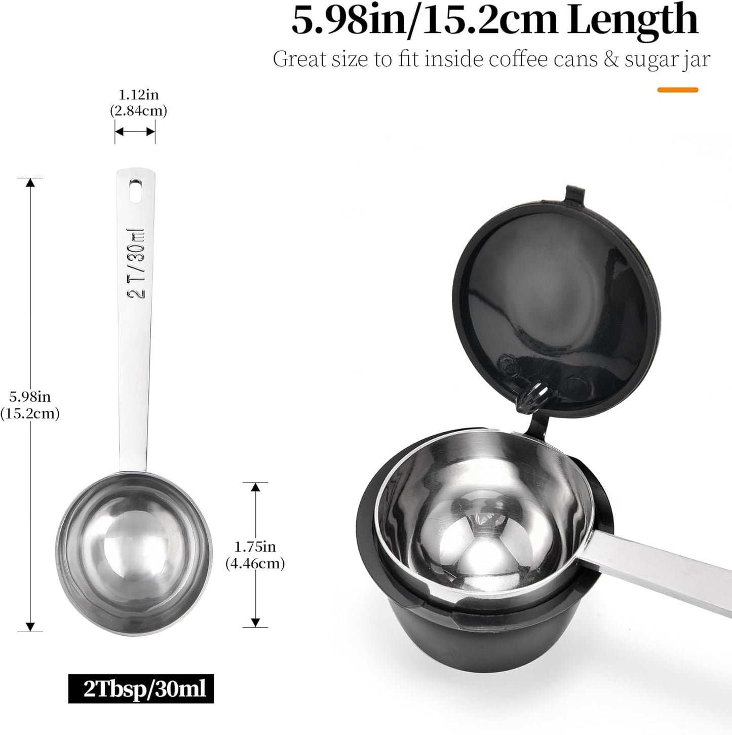 Long Handle Coffee Scoop: 5.98 Inch 18/8 Stainless Steel 2 Tablespoon Metal Measuring Spoon Tbsp Scoop for Coffee Beans, Grounds Coffee, Coffee Powder, Tea, Tall Jars (2Tbsp/30ml)