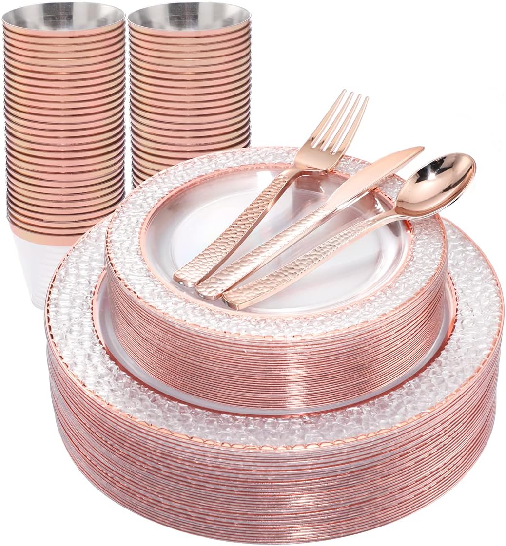 Ciaell 150PCS Rose Gold Plastic Plates – Disposable Plates with Rose Gold Plastic Silverware include 50Plates, 25Forks, 25Knives, 25Spoons, 25Cups for Wedding & Party