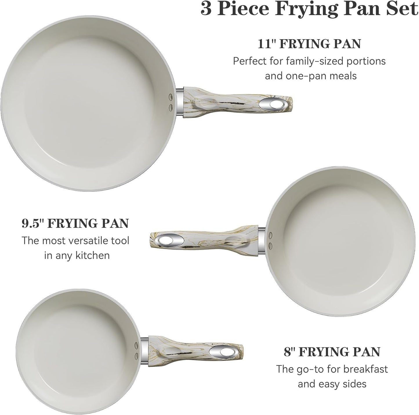 Joware Nonstick Frying Pans Set, 8" 9.5" 11" Ceramic Frying Pan Set, Ceramic Pan Skillet with Stay Cool Handle, Non Toxic Pans for Cooking & Dishwasher Safe, Blue & White, PFAS & PTFE & PFOA Free