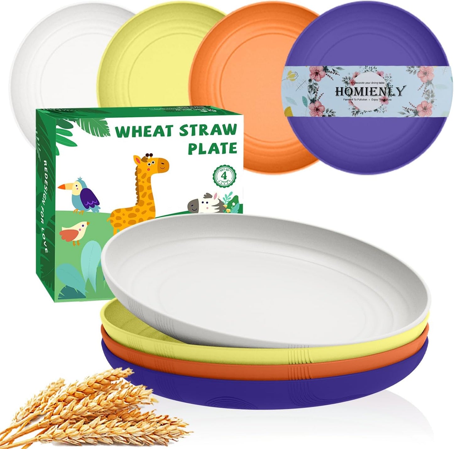 Homienly Deep Dinner Plate Wheat Straw Plates Set - 9 inch Alternatives to Plastic Plate Microwave Safe Plate with Textured Pattern, Unbreakable Plates for Kitchen Set of 4 - Mondrian Colors