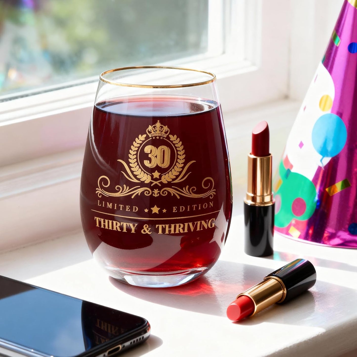 30th Birthday Gifts for Women - Gold Accent Stemless Wine Glass with Premium Gift Box and Blank Card, Unique 30th Birthday Gifts for Her, Sister, Friend (Thirty & Thriving)