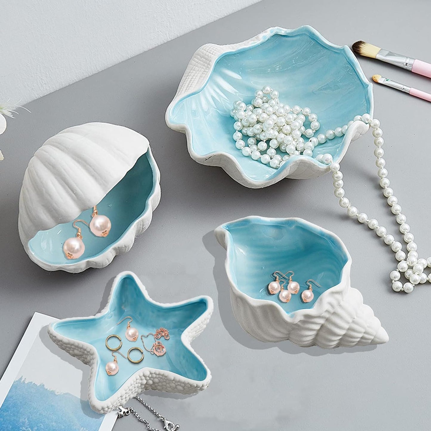 Shell Ceramic Jewelry Dish Keys Bowl Jewelry Holder Earring Dish Trinket Tray Jewelry Plate Small Key Bowl for Entryway Table Candy Storage Holder Home Birthday Party Decor (F STYLE)