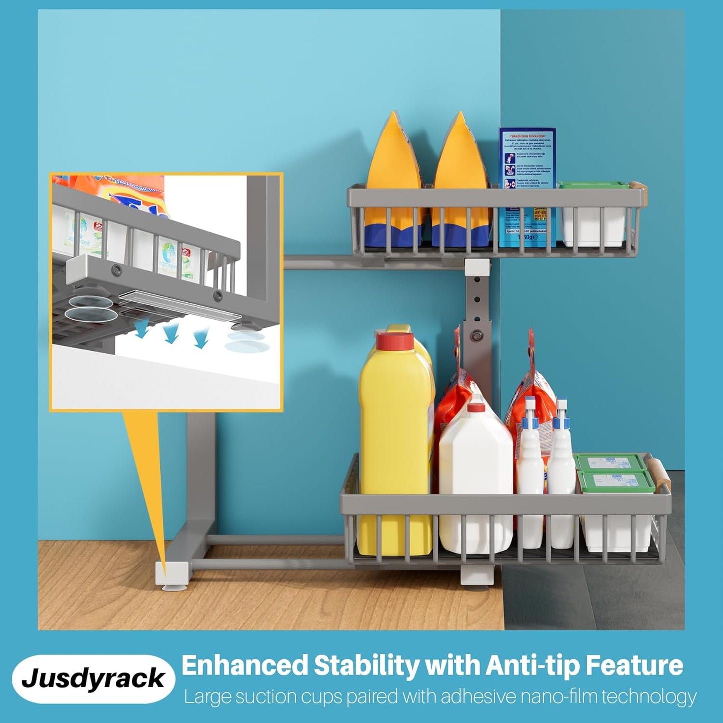 Under Sink Organizer, 2 Packs 2 Tier Gray Under Sink Organizers and Storage, Slide Out Pull Out Cabinet Organizer Shelf, Metal Sliding Drawer for Kitchen Bathroom Cabinet Organization Rack