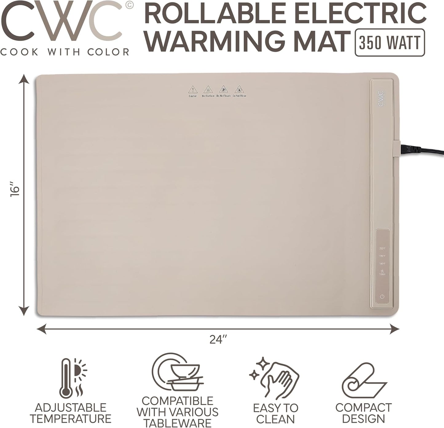COOK WITH COLOR 350W Electric Food Warming Mat - Portable Food Warmer Tray with Adjustable Temperature, Fast 60-Second Heating, Auto Shut-Off, Rollable Silicone Pad for Parties & Everyday Use, Sand
