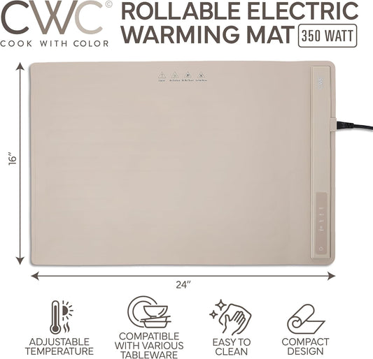 COOK WITH COLOR 350W Electric Food Warming Mat - Portable Food Warmer Tray with Adjustable Temperature, Fast 60-Second Heating, Auto Shut-Off, Rollable Silicone Pad for Parties & Everyday Use, Sand