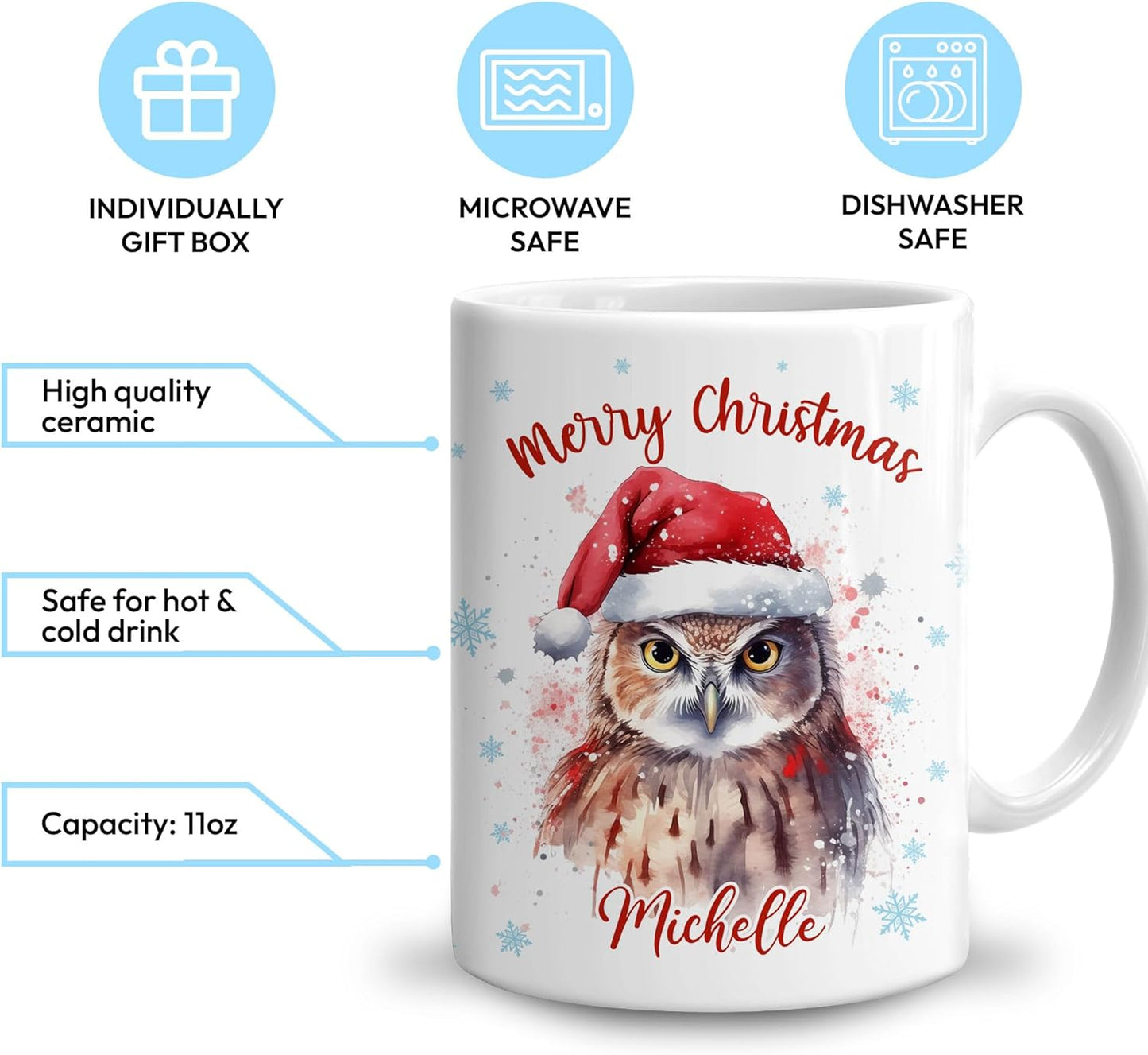 Hyturtle Personalized Gifts Owl Lover - Owl Wearing Santa Hat Custom Name Ceramic Coffee Mug Cup 11oz - Cute Animal Lovers Gifts For Women, Girl kids Family On Birthday, Christmas