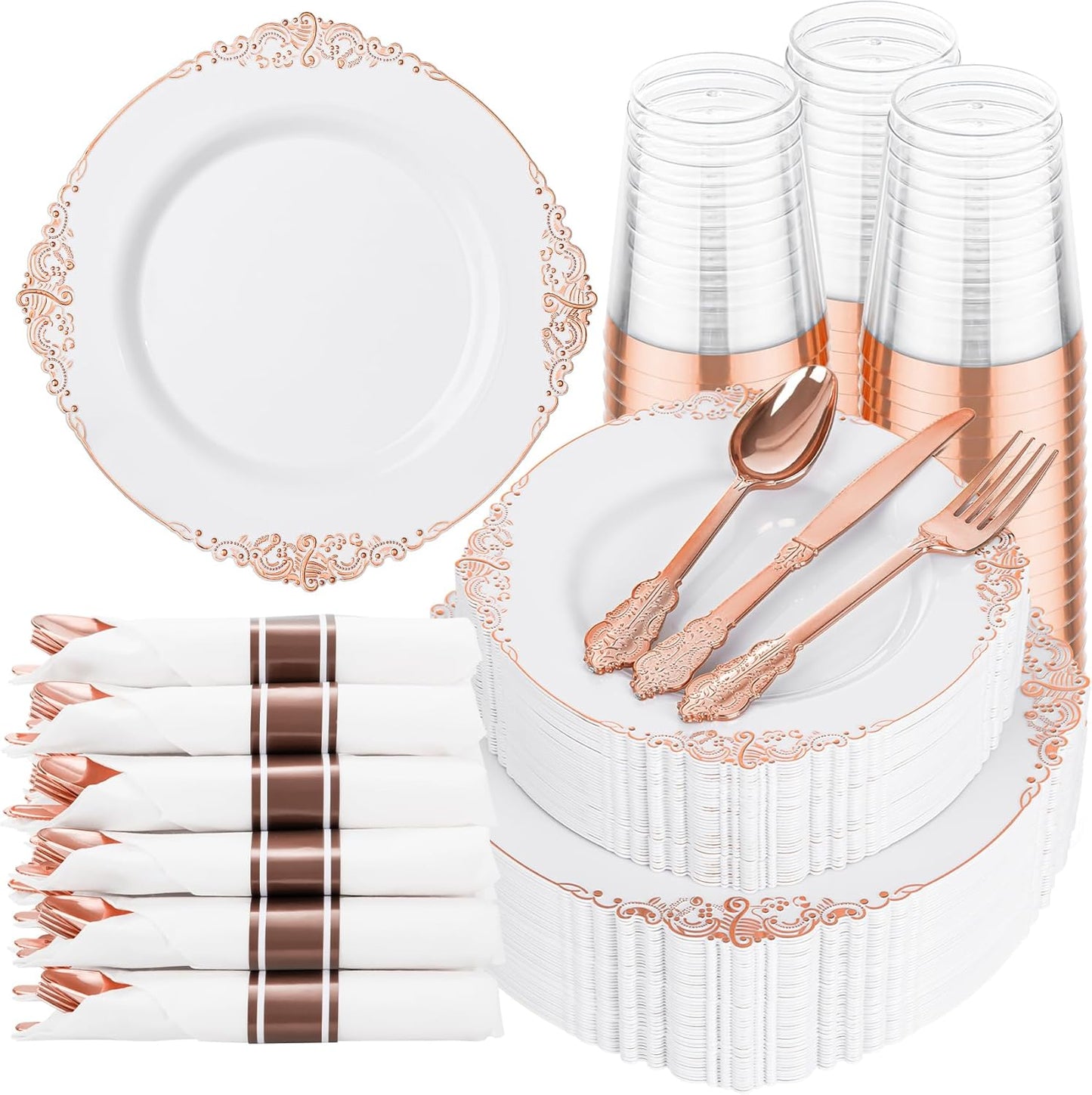 Hioasis 350pcs Rose Gold Plastic Plates - Elegant Disposable Dinnerware Set Suitable for 50 Guests Include 10.25" Dinner & 7.5" Dessert Plates, Pre Rolled Silverware Set, Cups for Party & Thanksgiving