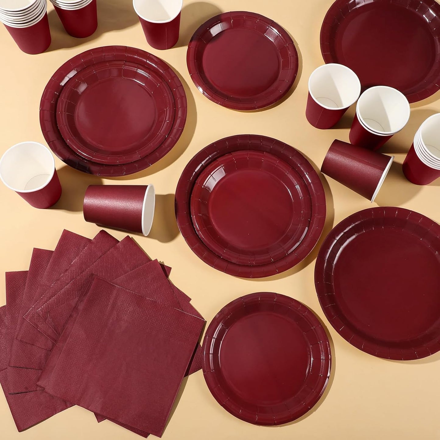 Tioncy 200 Pcs Disposable Paper Plates Cups and Napkins Party Supplies Serve 50 Guests Disposable Paper Dinnerware Set for Halloween Birthday Wedding Baby Shower Family Picnic(Burgundy)