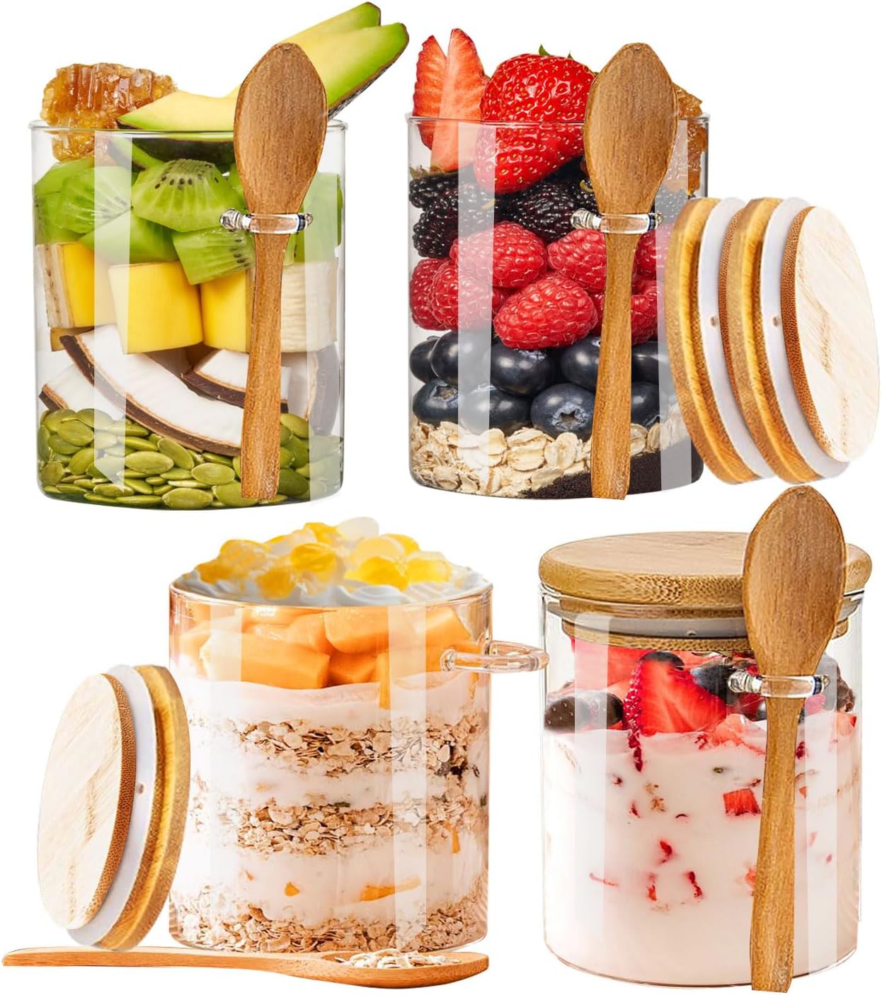 4-Pack 18.2 oz Overnight Oats Containers with Lids,Sealed Borosilicate Glass Jars with Bamboo Lid and Spoon,Clear Food Storage Jar for Kitchen,Candy, Spices, Coffee Beans,Cookies, Salad,Oats, Flour