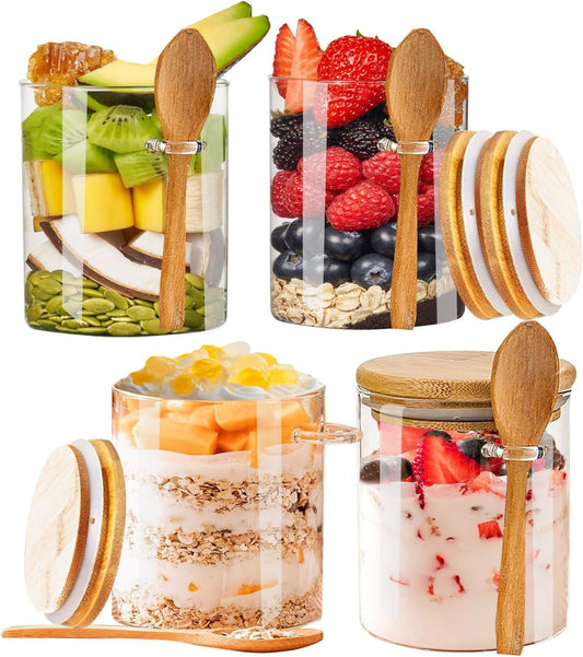 4-Pack 18.2 oz Overnight Oats Containers with Lids,Sealed Borosilicate Glass Jars with Bamboo Lid and Spoon,Clear Food Storage Jar for Kitchen,Candy, Spices, Coffee Beans,Cookies, Salad,Oats, Flour