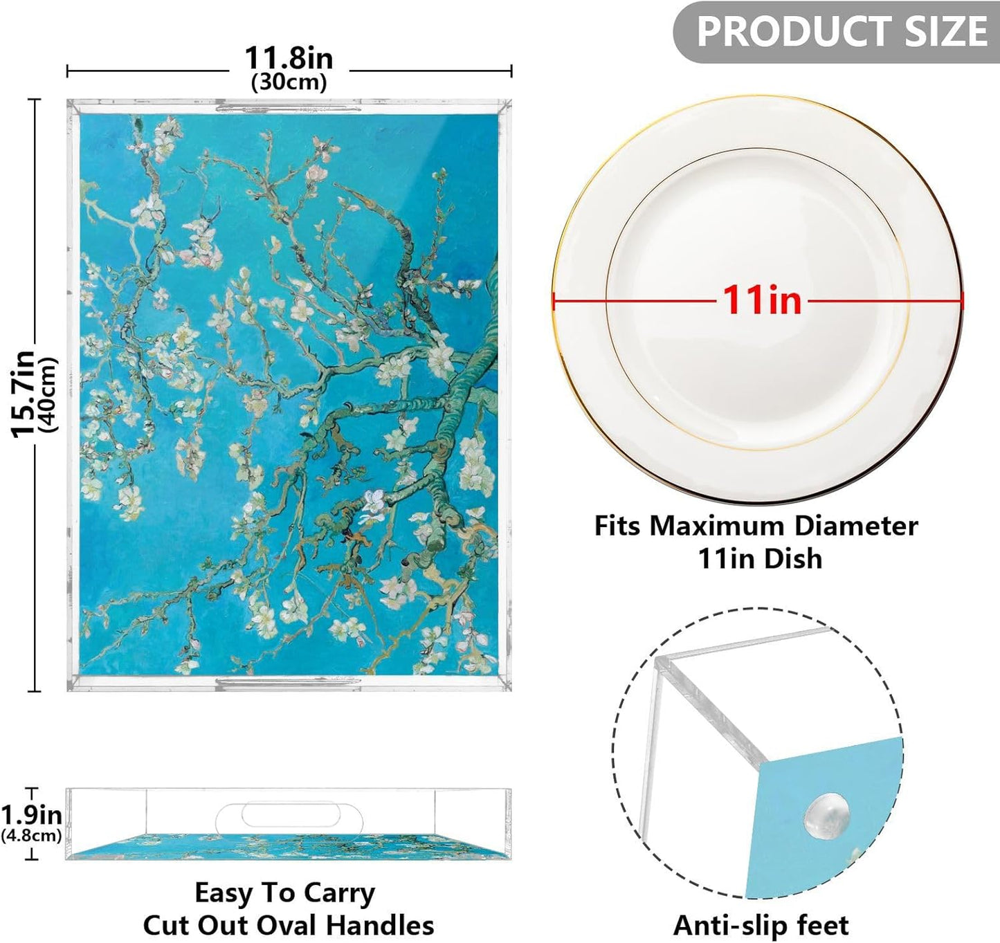 Acrylic Serving Tray with Handles Spill Proof Kitchen Storage Tray Clear Decorative Tray Makeup Drawer Organizer Storage Tray for Bathroom Living Room Ottoman 15.7x11.8Inches