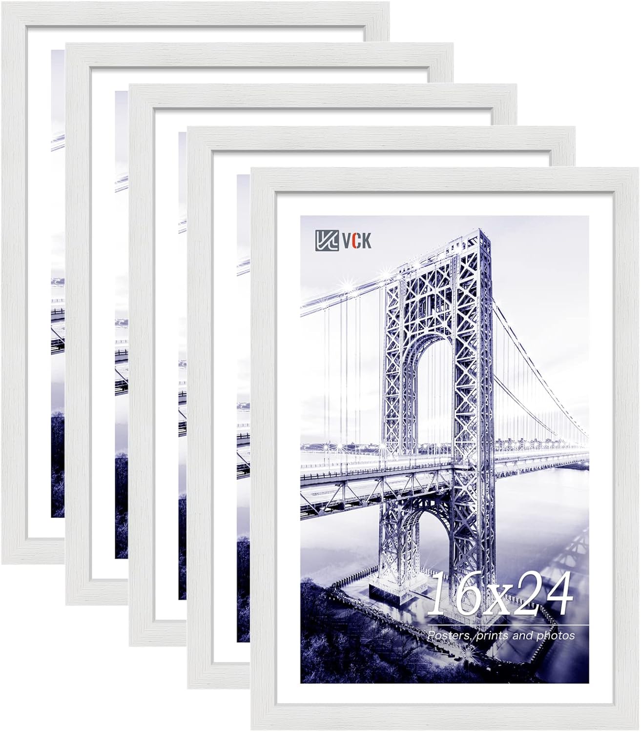 VCK 16x24 Poster Frames Set of 5, White Solid Wood Picture Frame, Textured Exclusive Wall Gallery Frame