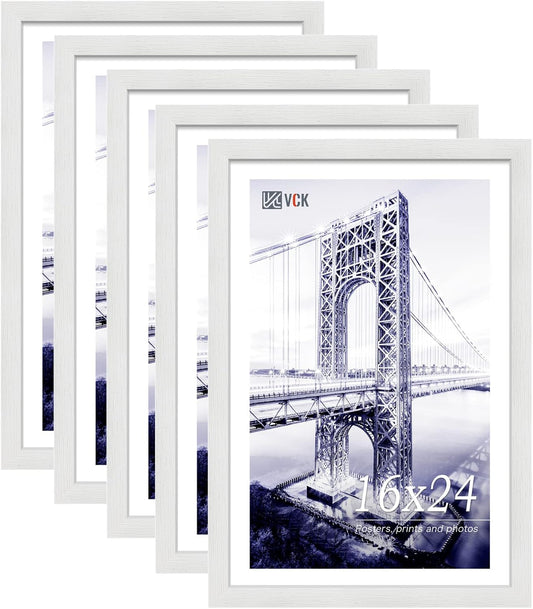 VCK 16x24 Poster Frames Set of 5, White Solid Wood Picture Frame, Textured Exclusive Wall Gallery Frame