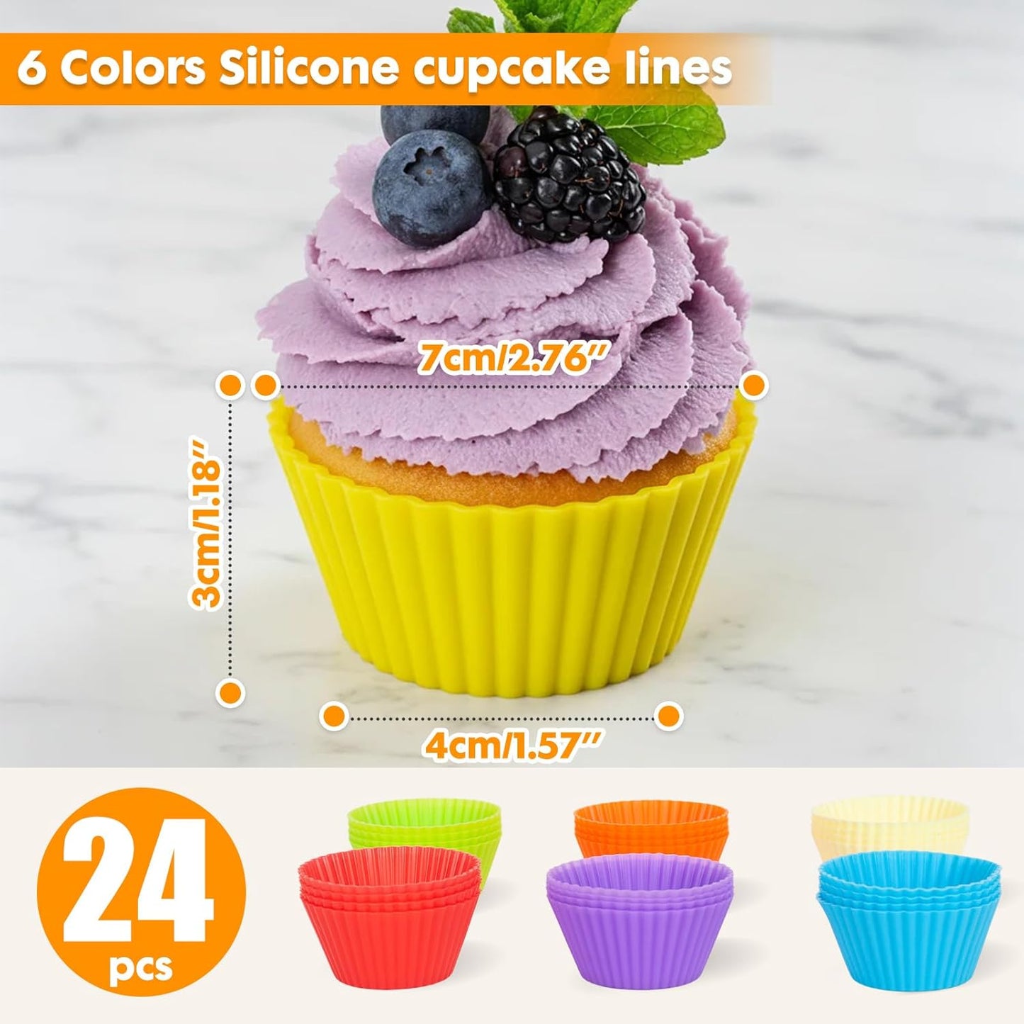 24 Pack Reusable Silicone Cupcake Baking Cups, 2.96 inch Multicolor Cups, Non-stick Muffin Liners for Weddings, Birthday, Party Halloween Christmas