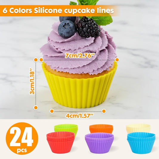 24 Pack Reusable Silicone Cupcake Baking Cups, 2.96 inch Multicolor Cups, Non-stick Muffin Liners for Weddings, Birthday, Party Halloween Christmas