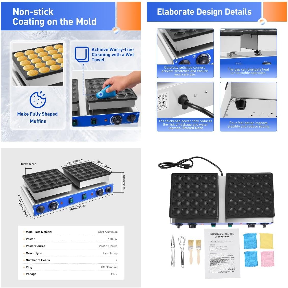 50 Holes Mini Dutch Pancakes Maker,Mini Dutch Pancake Baker,Nonstick Waffle Maker Machine,Electric Pancake Maker for Restaurants Household 110V…