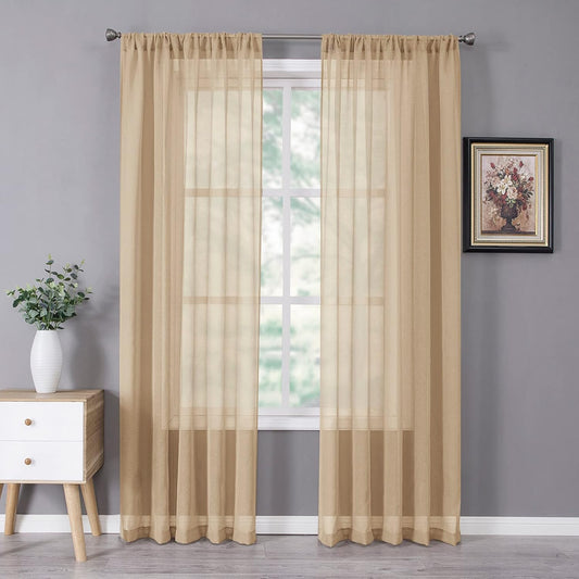 Tollpiz Sheer Curtains Bedroom Linen Textured Curtain Sheers Light Filtering Voile Rod Pocket Curtains for Living Room, 38 x 84 inches Long, Beige, Set of 2 Panels