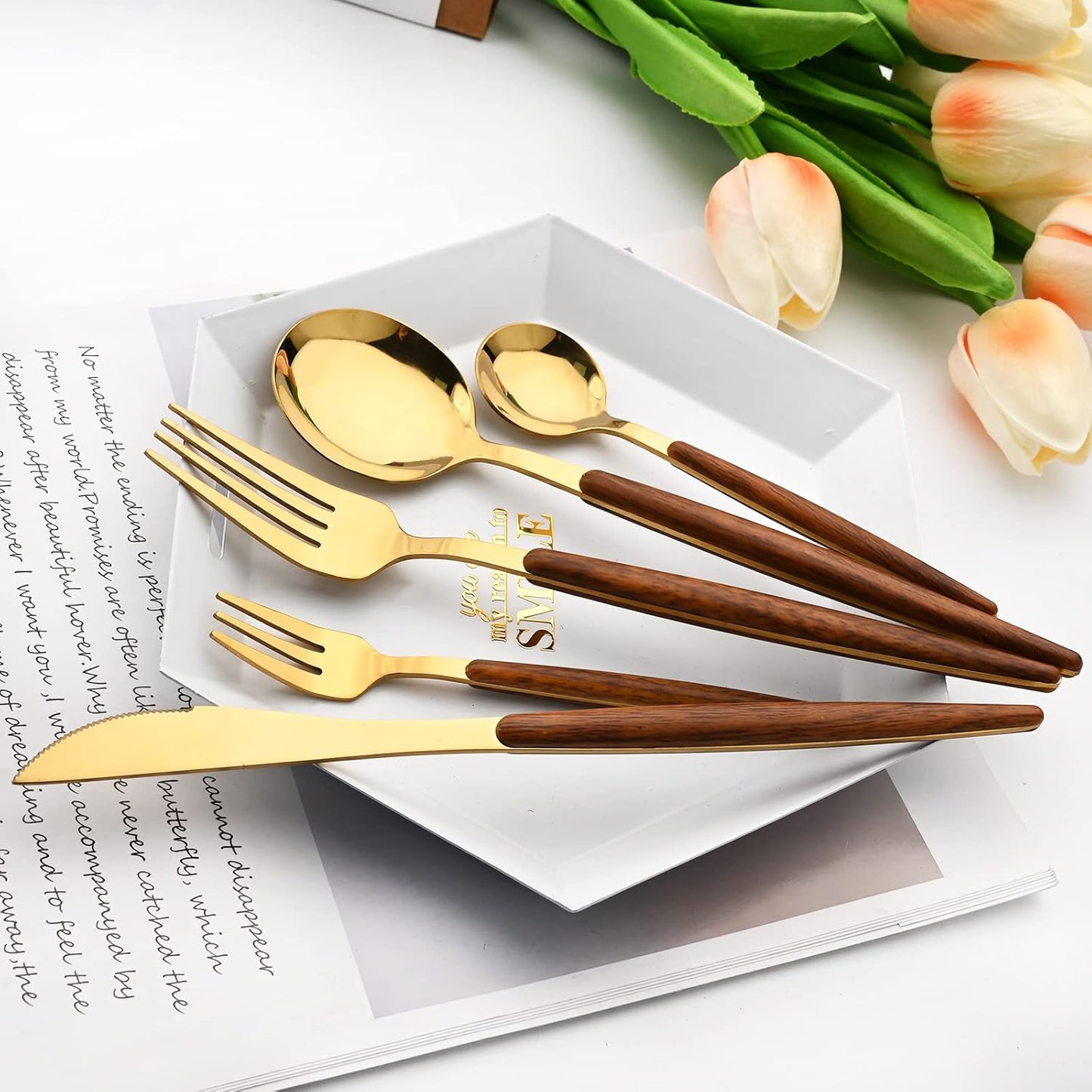 20 Piece (4 Set) Wood Handle Silverware Set, Retro 18/0 Stainless Steel Cutlery Set, Kitchen Utensils Include Knife Fork Spoon, Mirror Polish, Gold