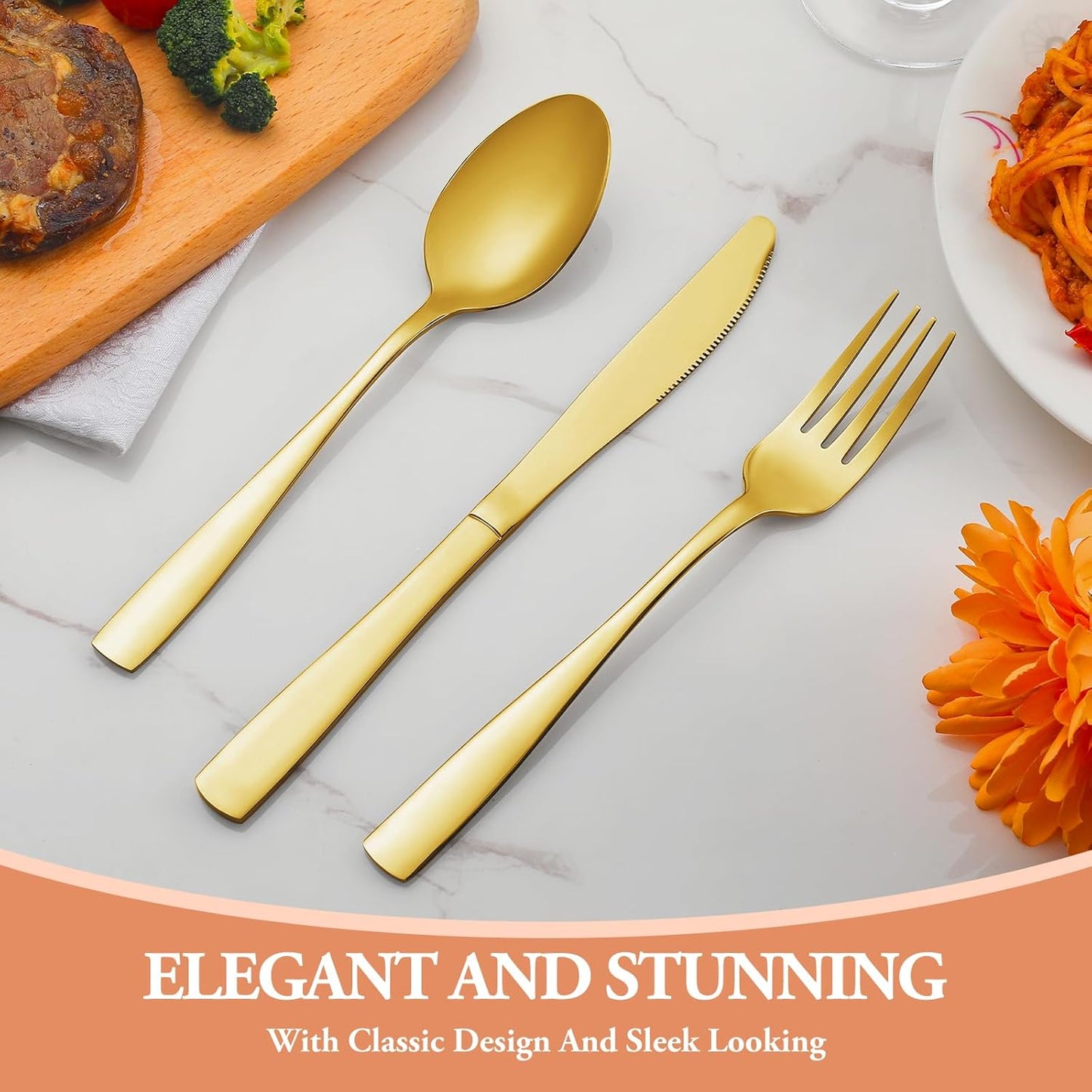 40 Pcs Gold Silverware Set, Stainless Steel Flatware Set for 8, Food-Grade Cutlery Set, Mirror Polished Tableware Eating Utensils Set for Home Kitchen, Include Knife Fork Spoon Set, Dishwasher Safe