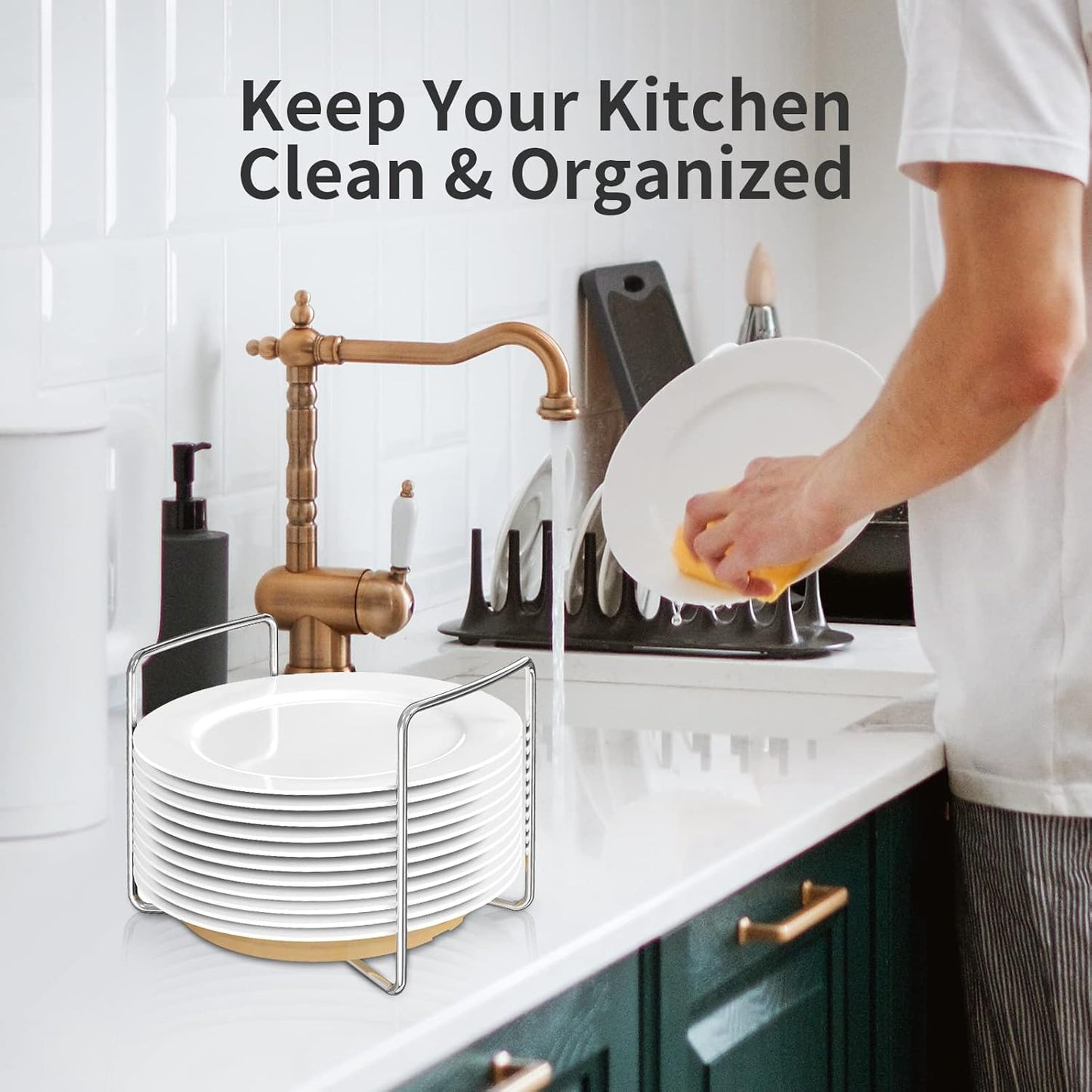 Wisuce Dish Racks for Kitchen Countertop Organizer - Bamboo Plate Holder Adjustable Size | Stainless Steel 304 Portable Handle for Kitchen Drawer Countertop Cupboard Shelf