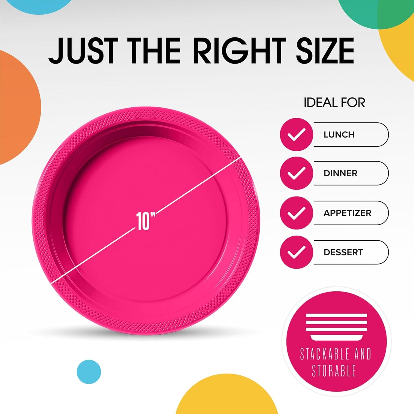 Exquisite Party Solids Hot Pink Plastic Plates For Party Supplies 10" Hot Pink Disposable Plates Heavy Duty 50 Pcs Plastic Dinnerware Sets Heavy Duty 350 GSM Disposable Dinnerware Set