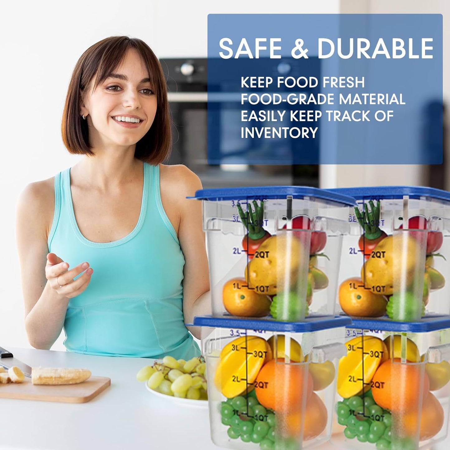 Lallisa 8 Pack 4 Qt Clear Food Storage Container with Handles and Lid Commercial Grade Square Food Storage Containers with Lids Polycarbonate Storage Container for Home Kitchen Restaurant