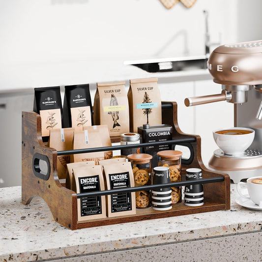 AT-VALY 3-Tier Countertop Wine Rack, Iron&MDF Kitchen Storage Shelf, Space-Saving Countertop Organizer for Spices, Herbs, Seasonings, Sturdy Stylish Condiment Holder(Rustic Brown)