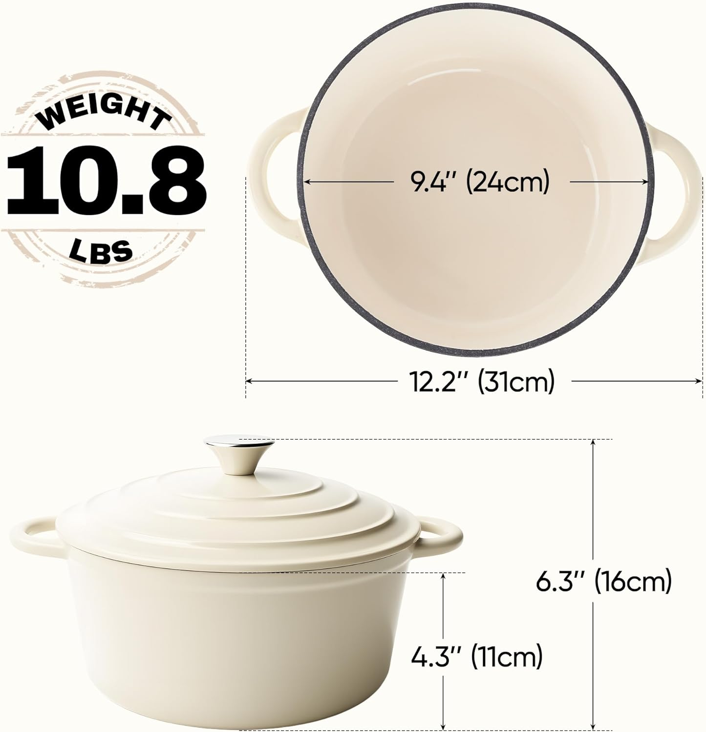 4.5 Quart Dutch Oven Pot with Lid, Non Stick Enameled Cast Iron Dutch Oven for Bread Baking, Heavy-Duty, Oven Safe Ceramic Cookware Up to 500°F for Baking, Braising, Stews, Roasting, Beige