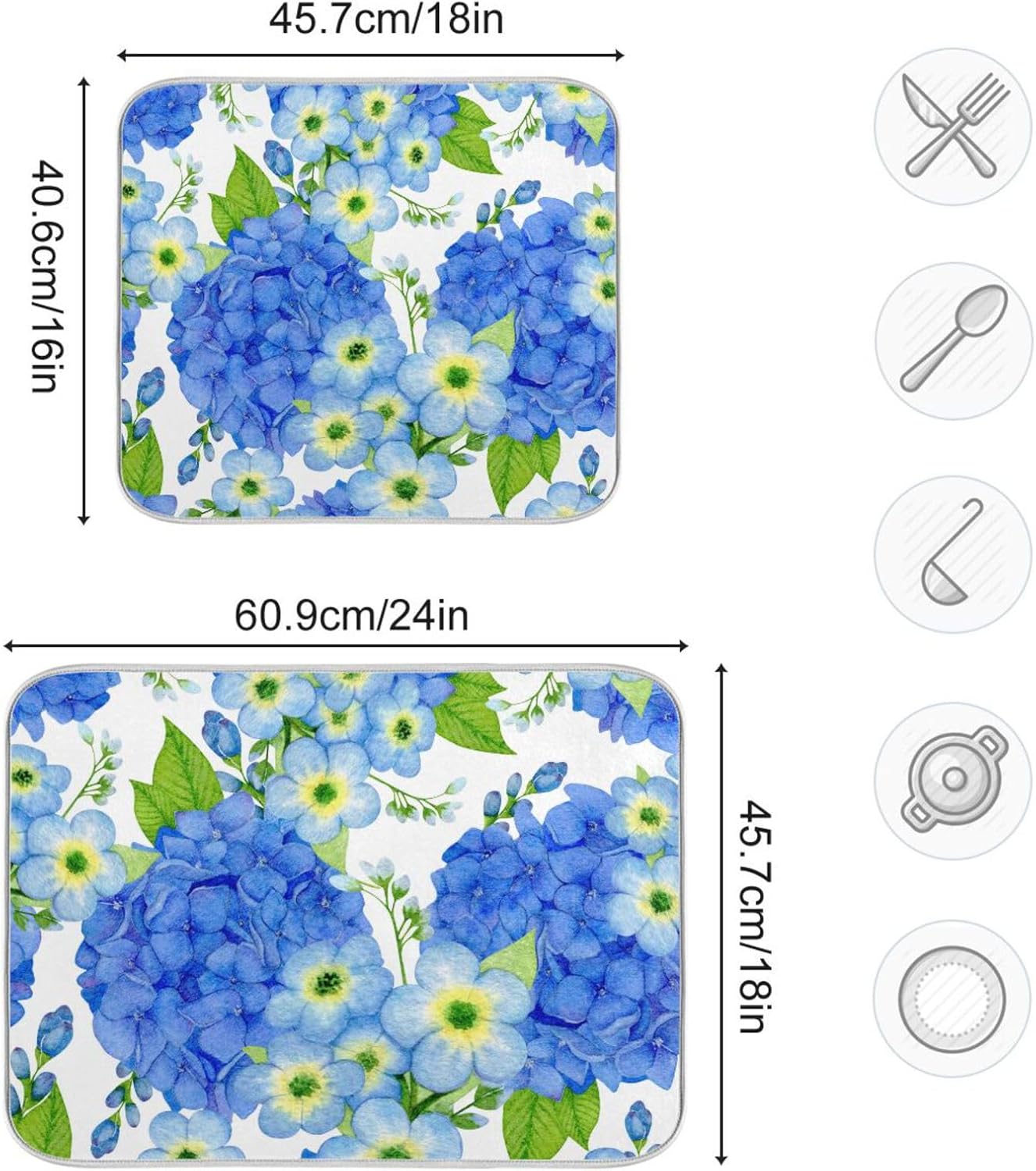 Watercolor Hortensia Blue Flowers Dish Drying Mat Super Absorbent Drying Mat 18x24 inch Large Dish Drying Mats for Kitchen Counter Dish Drying Pads Kitchen Drying Matt for Countertop