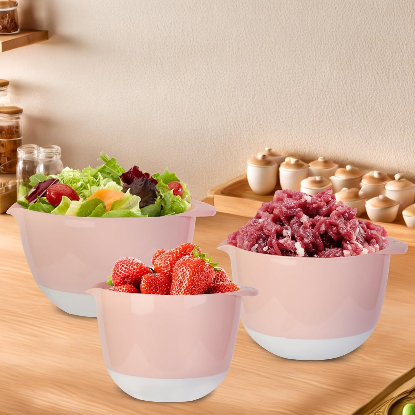 3 Mixing Bowls Set with Lids,Pour Spout and TPR Bottom, Plastic Nesting Bowl Use for Kitchen Cooking-Prep,Serving,Baking Bread Cake,Pancake,Waffle,Non-slip,Dishwasher Safe,3Qt,2Qt,1.5Qt,Pink
