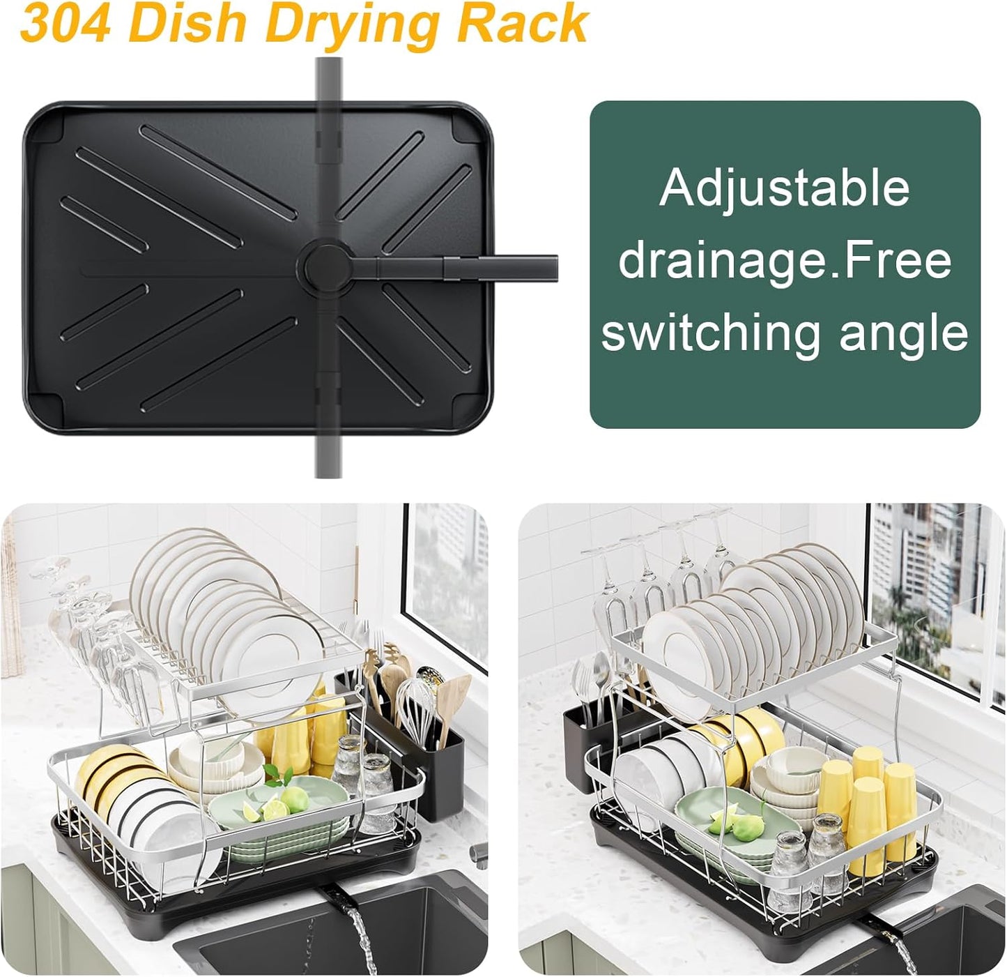 LIYI Dish Drying Rack,Large Dish Rack for Kitchen Counter,2-Tier Dish Racks with draining Tray,Detachable Capacity Dish Drainer Organizer,Black