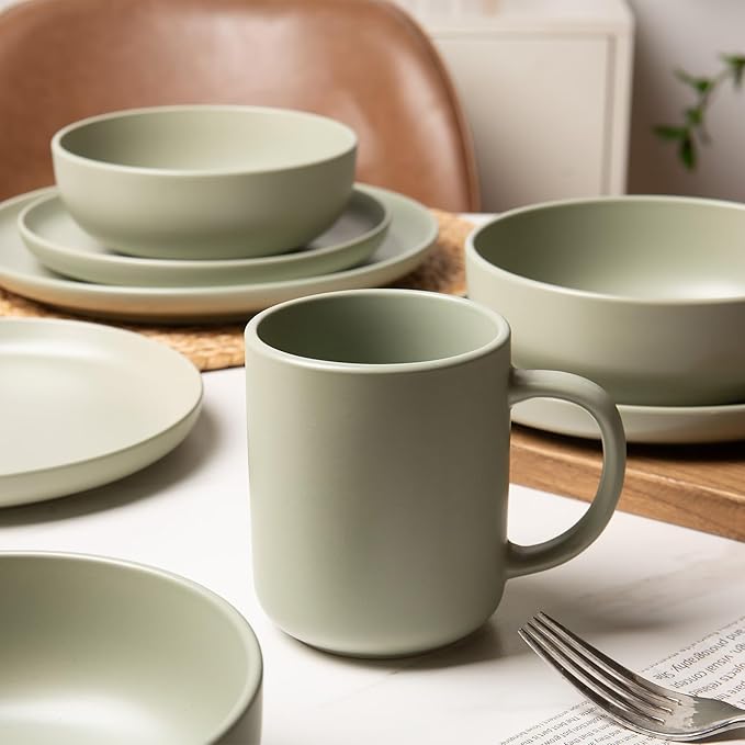 12-Piece Matte Green Dinnerware Set,Stoneware Dinnerware for 3, Microwave & Dishwasher Safe, Stackable Design for Kitchen and Dining - Plates,Bowls and Mugs