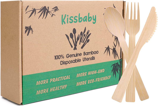 Bamboo Utensils -300 PK (100 Forks 100 Spoons 100 Knives) 6.7" Bamboo Compostable Forks Spoons Knives Disposable Bamboo Cutlery Set Biodegradable Eco Friendly Flatware Renewable Utensil