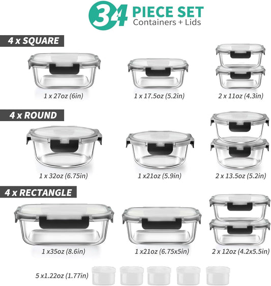 34pcs Glass Food Storage Containers with Lids Set, Airtight Glass Meal Prep Containers (17 Containers & 17 Lids), Leak Proof Lunch Container BPA-Free, Microwave, Oven, Freezer, Dishwasher Safe-Black