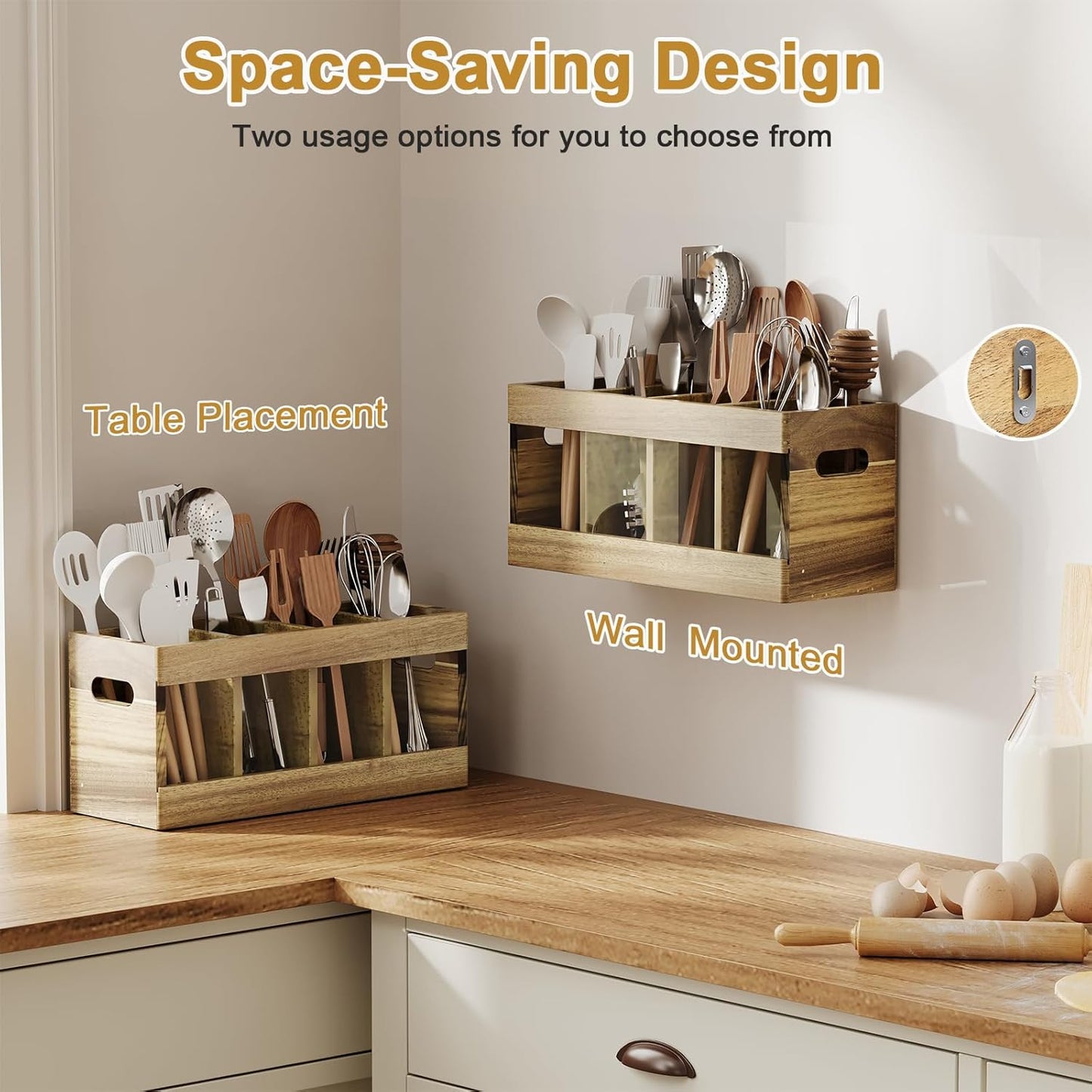 Acacia Rustic Wood Utensil Holder, Extra Large Cooking Holder with Drying Stone Base and 8 Compartments, Farmhouse Kitchen Countertop Organizer