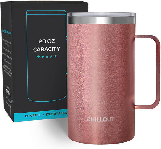 CHILLOUT LIFE Stainless Steel 20 oz Vacuum Insulated Coffee Mug with Handle and Lid, Large Thermal Camping Coffee Mug Cup with Durable Sliding Lid for Men & Women, Keeps your Beverages Hot/Cold